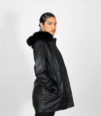 Women's Detachable Fur Trimmed Hood Leather Coat - Black