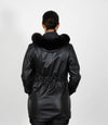Women's Detachable Fur Trimmed Hood Leather Coat - Black