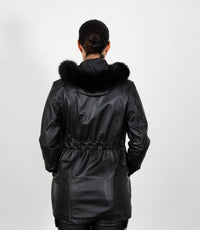 Women's Detachable Fur Trimmed Hood Leather Coat - Black