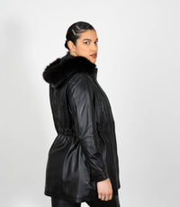 Women's Detachable Fur Trimmed Hood Leather Coat - Black