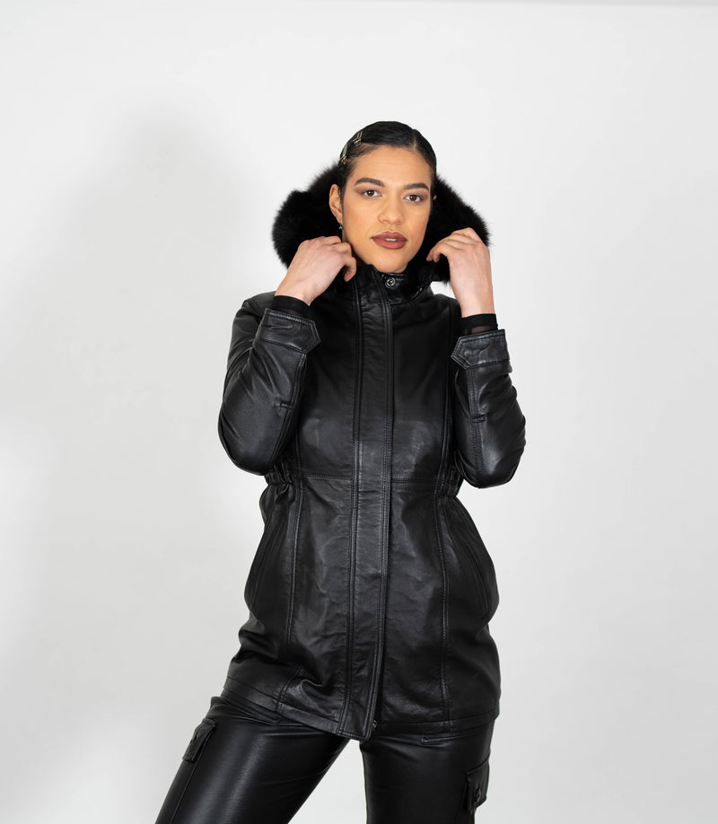 Women's Detachable Fur Trimmed Hood Leather Coat - Black