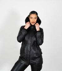 Women's Detachable Fur Trimmed Hood Leather Coat - Black