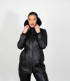 Women's Detachable Fur Trimmed Hood Leather Coat - Black