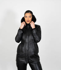 Women's Detachable Fur Trimmed Hood Leather Coat - Black
