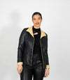 Women's Fitted Classic Black Beige Leather Jacket - Black
