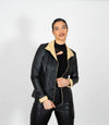 Women's Fitted Classic Black Beige Leather Jacket - Black