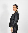 Women's Fitted Classic Black Beige Leather Jacket - Black