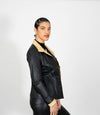 Women's Fitted Classic Black Beige Leather Jacket - Black