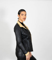 Women's Fitted Classic Black Beige Leather Jacket - Black