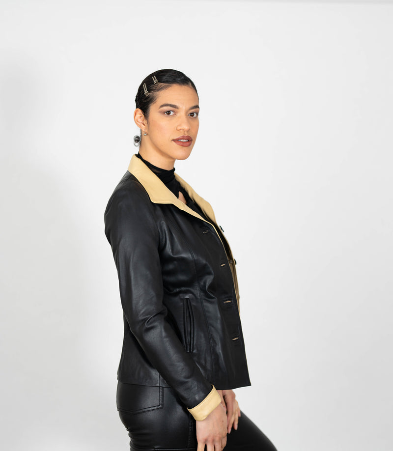 Women's Fitted Classic Black Beige Leather Jacket - Black