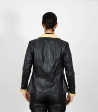 Women's Fitted Classic Black Beige Leather Jacket - Black