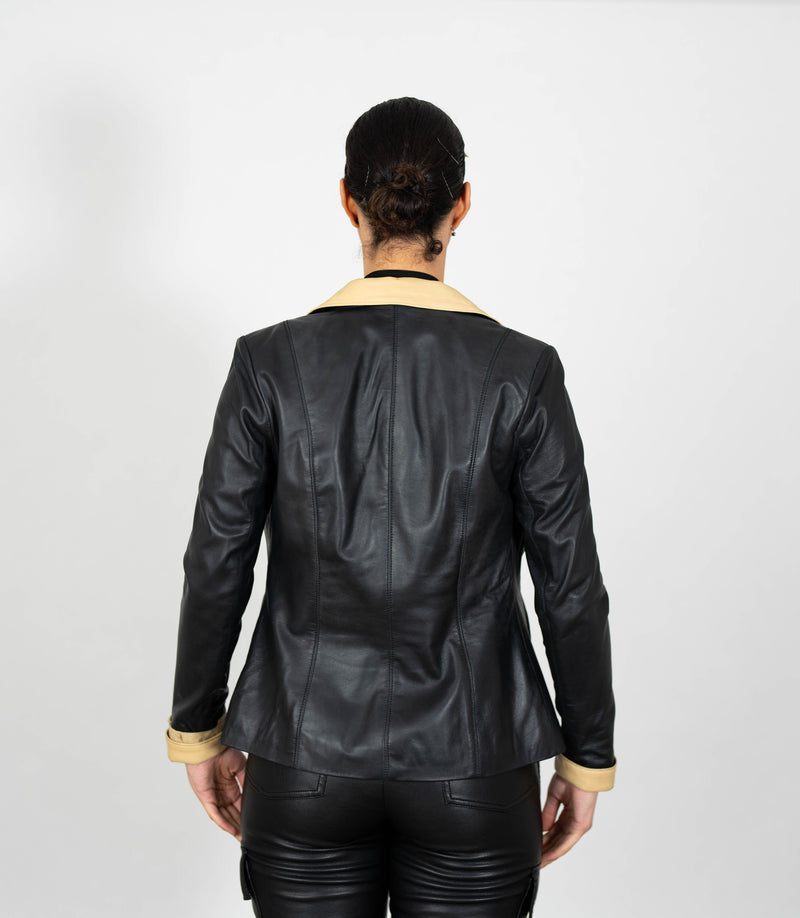 Women's Fitted Classic Black Beige Leather Jacket - Black