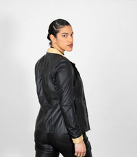 Women's Fitted Classic Black Beige Leather Jacket - Black