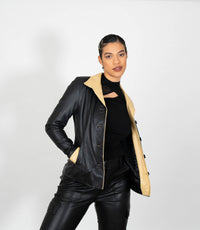 Women's Fitted Classic Black Beige Leather Jacket - Black