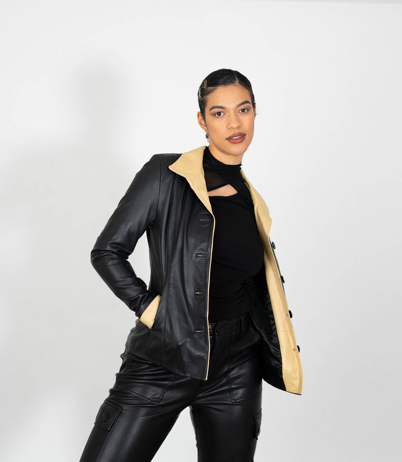 Women's Fitted Classic Black Beige Leather Jacket - Black