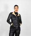 Women's Fitted Classic Black Beige Leather Jacket - Black