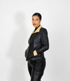 Women's Fitted Classic Black Beige Leather Jacket - Black