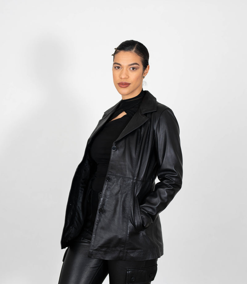 Women's Classic Three Button Leather Blazer