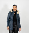 Women's Detachable Fur Trimmed Hood Leather Coat - Navy Blue