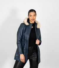 Women's Detachable Fur Trimmed Hood Leather Coat - Navy Blue