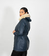 Women's Detachable Fur Trimmed Hood Leather Coat - Navy Blue