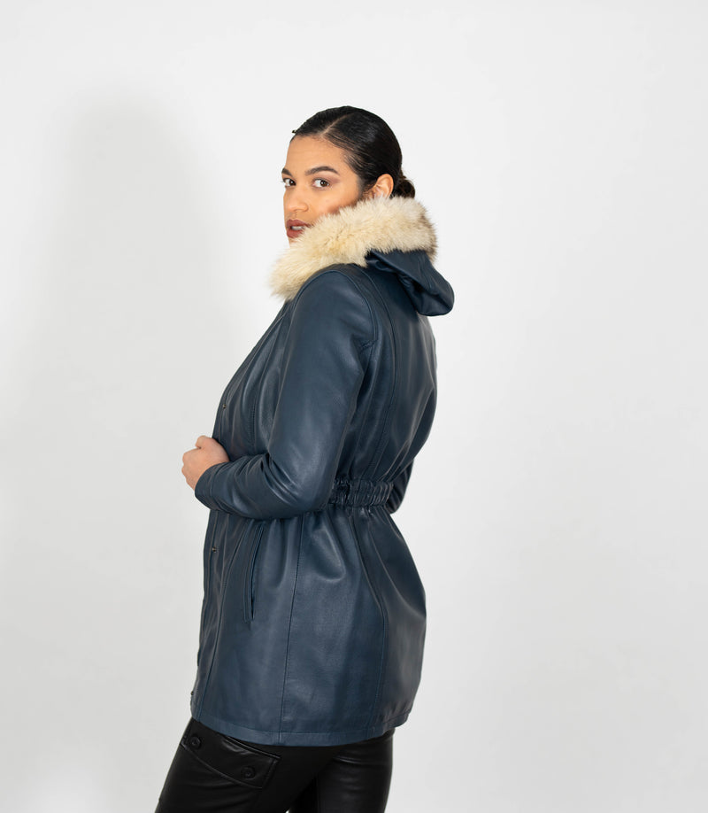 Women's Detachable Fur Trimmed Hood Leather Coat - Navy Blue