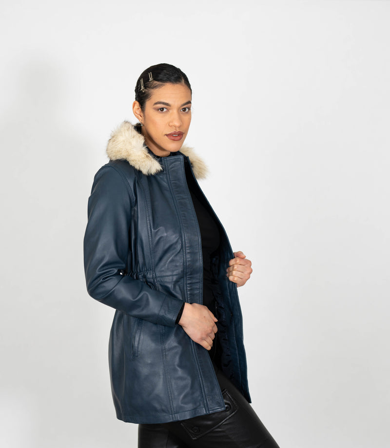 Women's Detachable Fur Trimmed Hood Leather Coat - Navy Blue