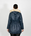 Women's Detachable Fur Trimmed Hood Leather Coat - Navy Blue