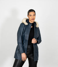 Women's Detachable Fur Trimmed Hood Leather Coat - Navy Blue