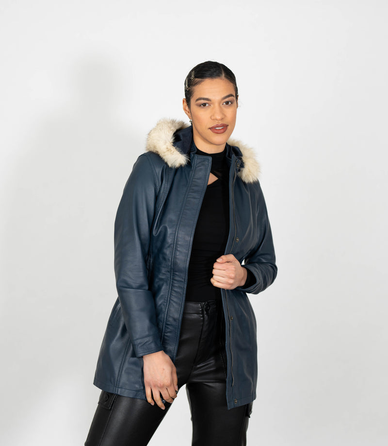 Women's Detachable Fur Trimmed Hood Leather Coat - Navy Blue