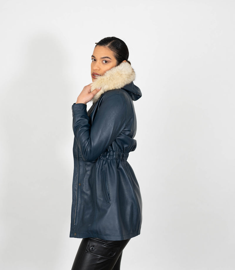 Women's Detachable Fur Trimmed Hood Leather Coat - Navy Blue
