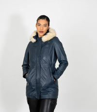 Women's Detachable Fur Trimmed Hood Leather Coat - Navy Blue