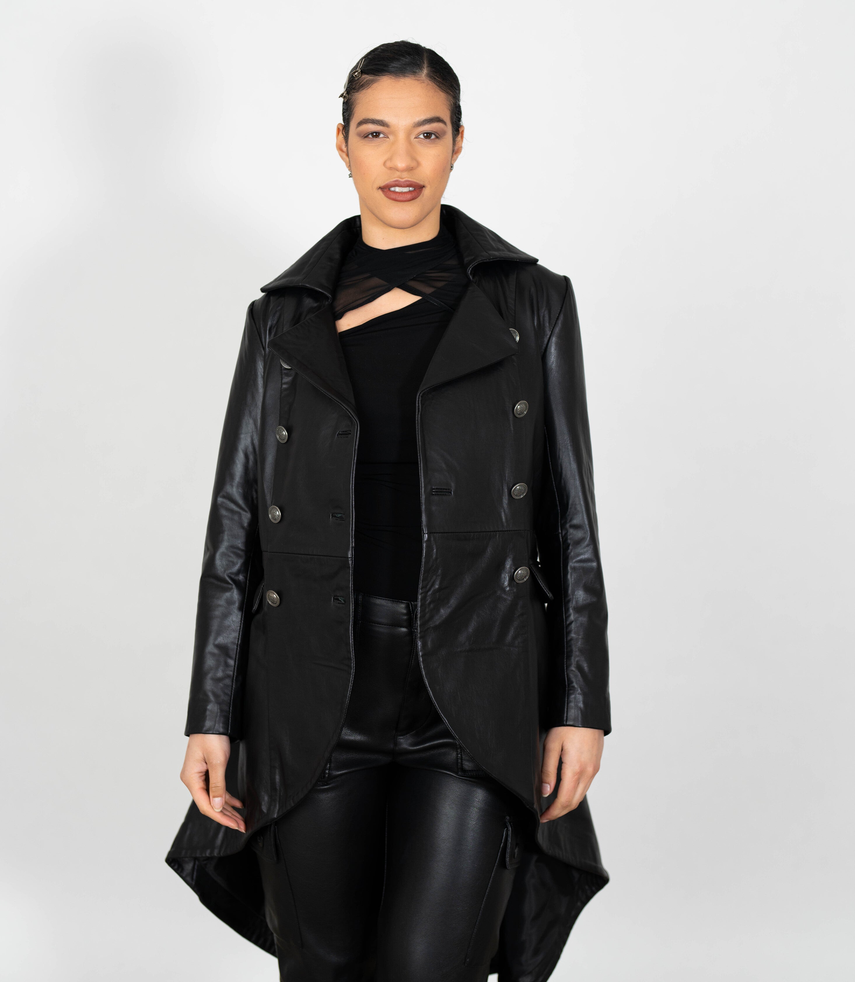 Women's Double Breasted Leather Tail Coat - Black – Brick