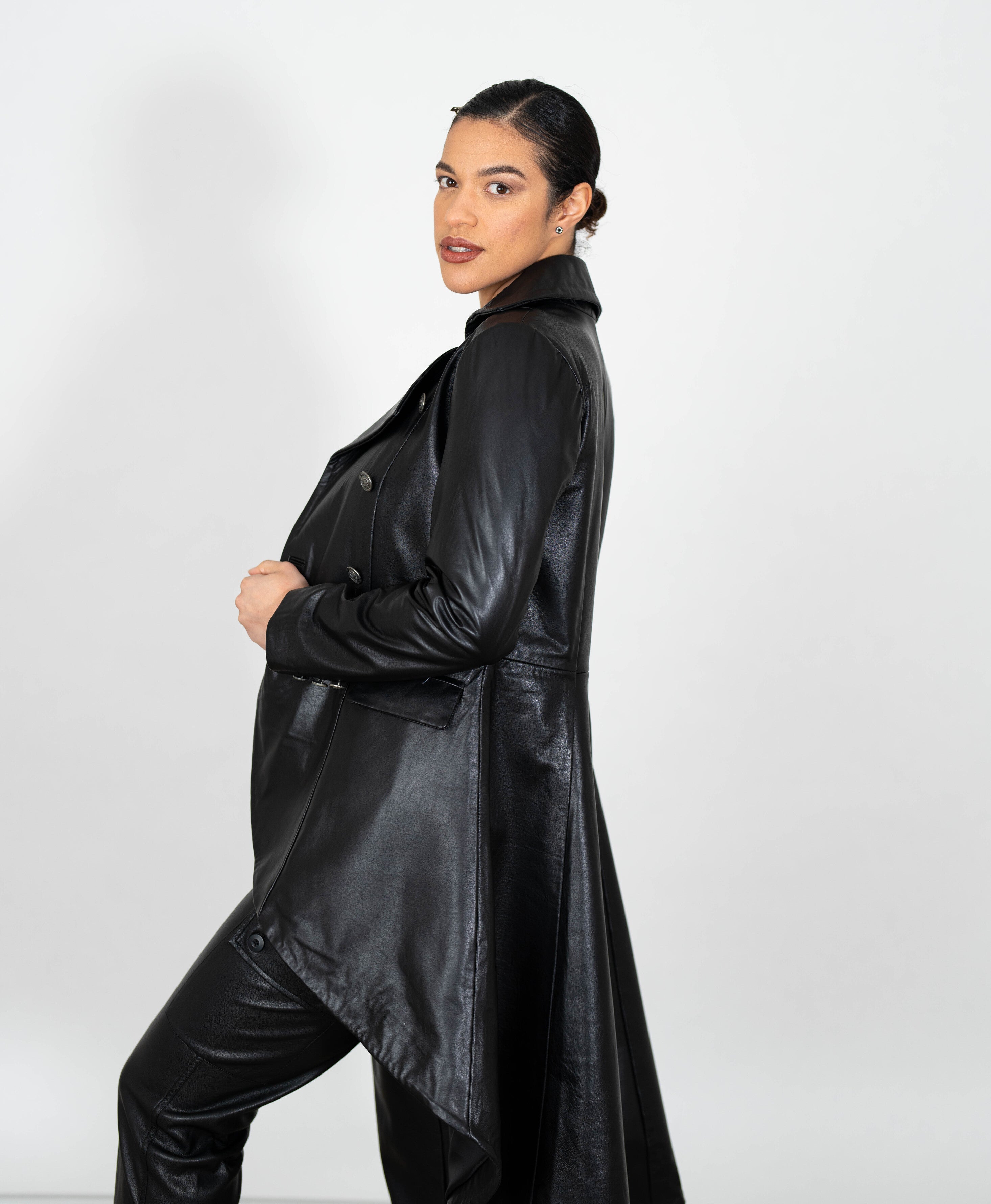 Women's Double Breasted Leather Tail Coat - Black – Brick Lane