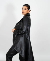 Women's Double Breasted Leather Tail Coat - Black