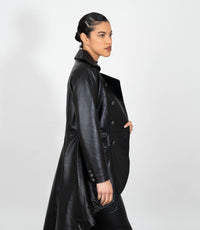 Women's Double Breasted Leather Tail Coat - Black