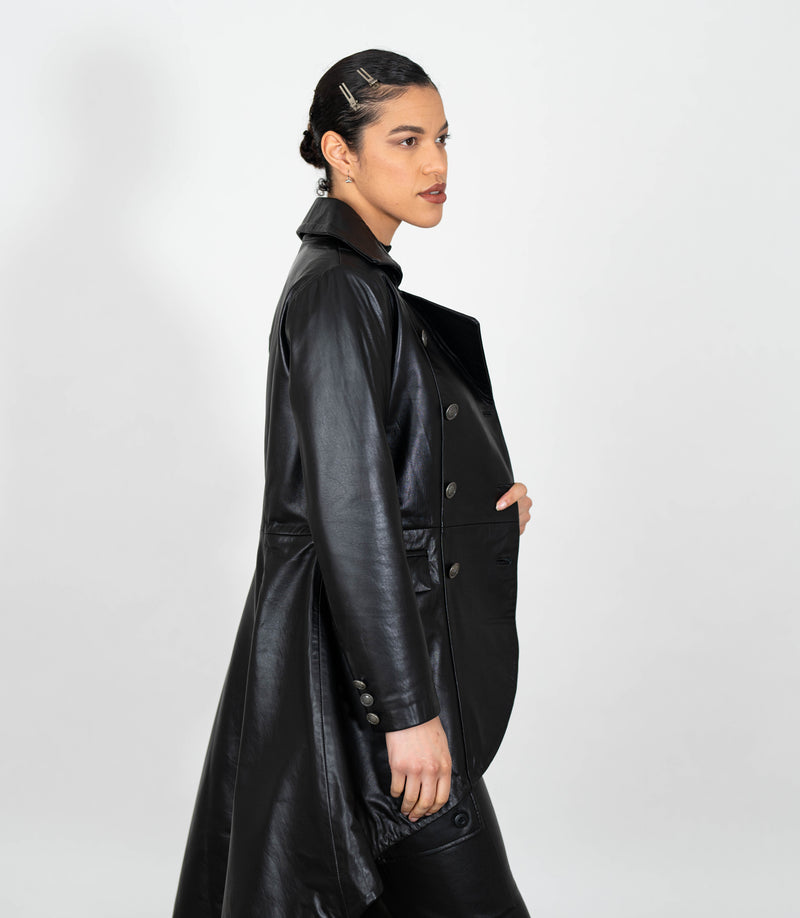 Women's Double Breasted Leather Tail Coat - Black
