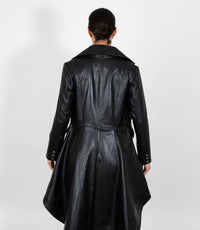Women's Double Breasted Leather Tail Coat - Black