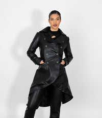 Women's Double Breasted Leather Tail Coat - Black