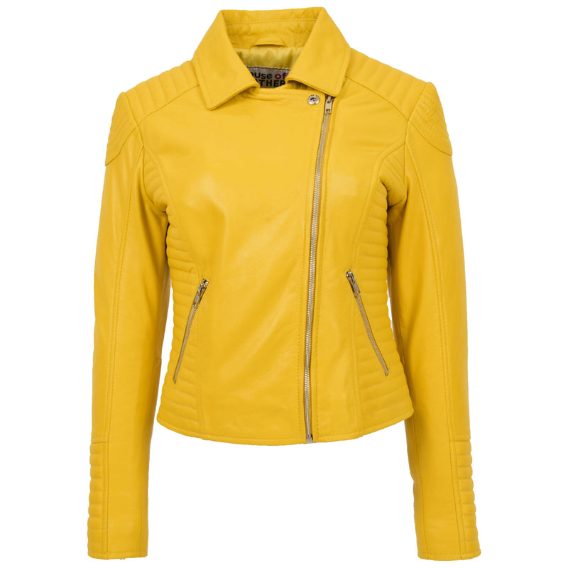 Women's Cross Zip Quilted Biker Style Leather Jacket