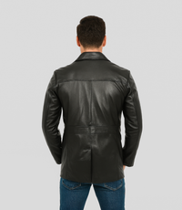 Men's Button Reefer Leather Jacket - Black