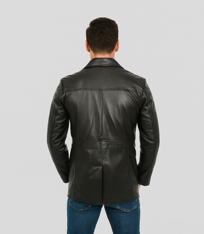 Men's Button Reefer Leather Jacket - Black