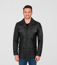 Men's Button Reefer Leather Jacket - Black