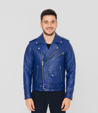 Men's Classic Brando Biker Leather Jacket - Blue