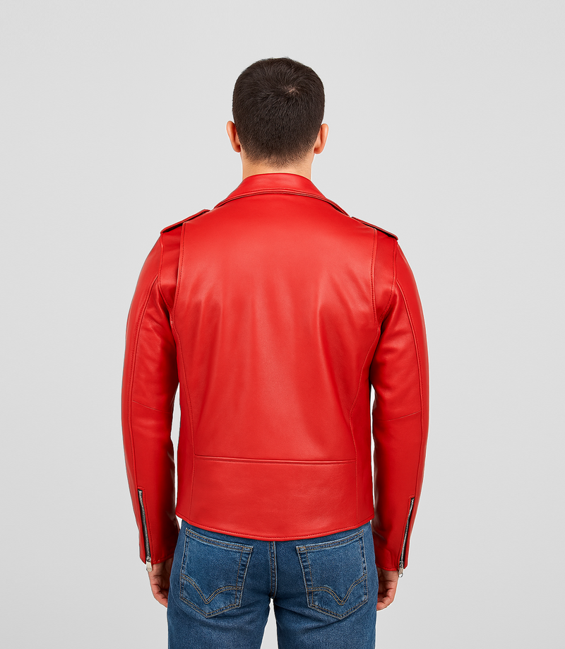 Men's Classic Brando Biker Leather Jacket - Red