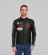Men's Leather Biker Jacket w/ Stripes - Black