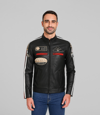 Men's Leather Biker Jacket w/ Stripes - Black
