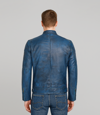Men's Leather Biker Jacket w/ Stripes - Blue