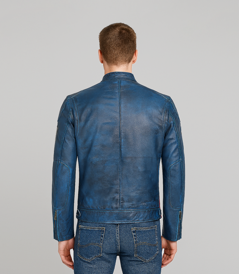 Men's Leather Biker Jacket w/ Stripes - Blue