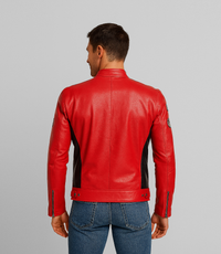 Men's Leather Biker Jacket w/ Stripes - Red
